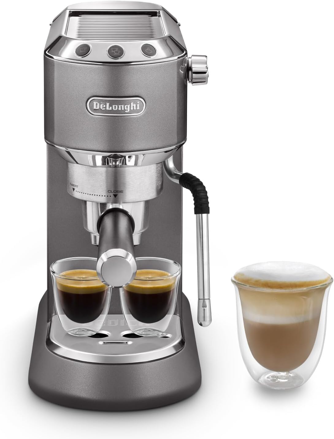 Kaffira - Dedica Arte Espresso-Maschine mit MyLatterArt-Milchschaumdüse, kompakts Design, 15 cm breit, 1-Liter-Wassertank, Grau