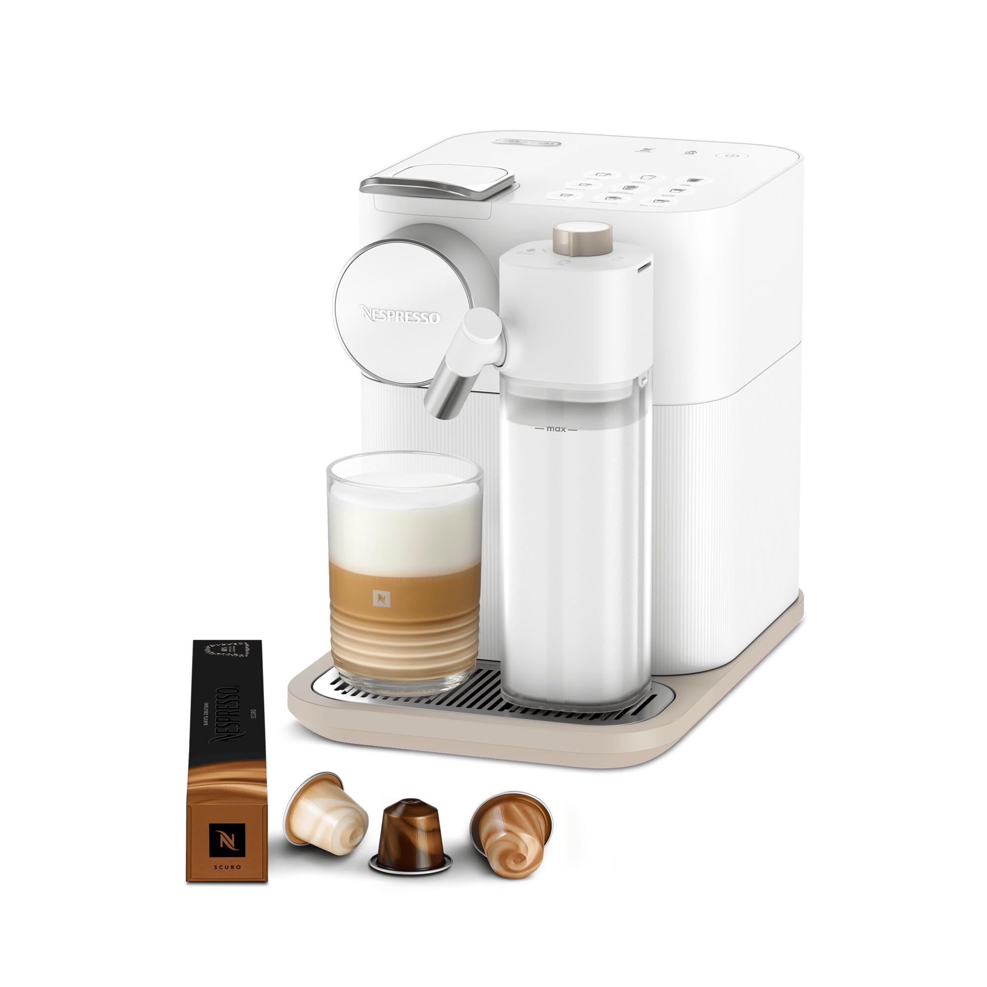 Kaffira - Gran Lattissima Kaffeemaschine Wiiss, 19 Bar + Willkommenskit, kompakts Design, Espresso, Lungo und Milchrezept, Automatischi Abschaltig, Wiiss