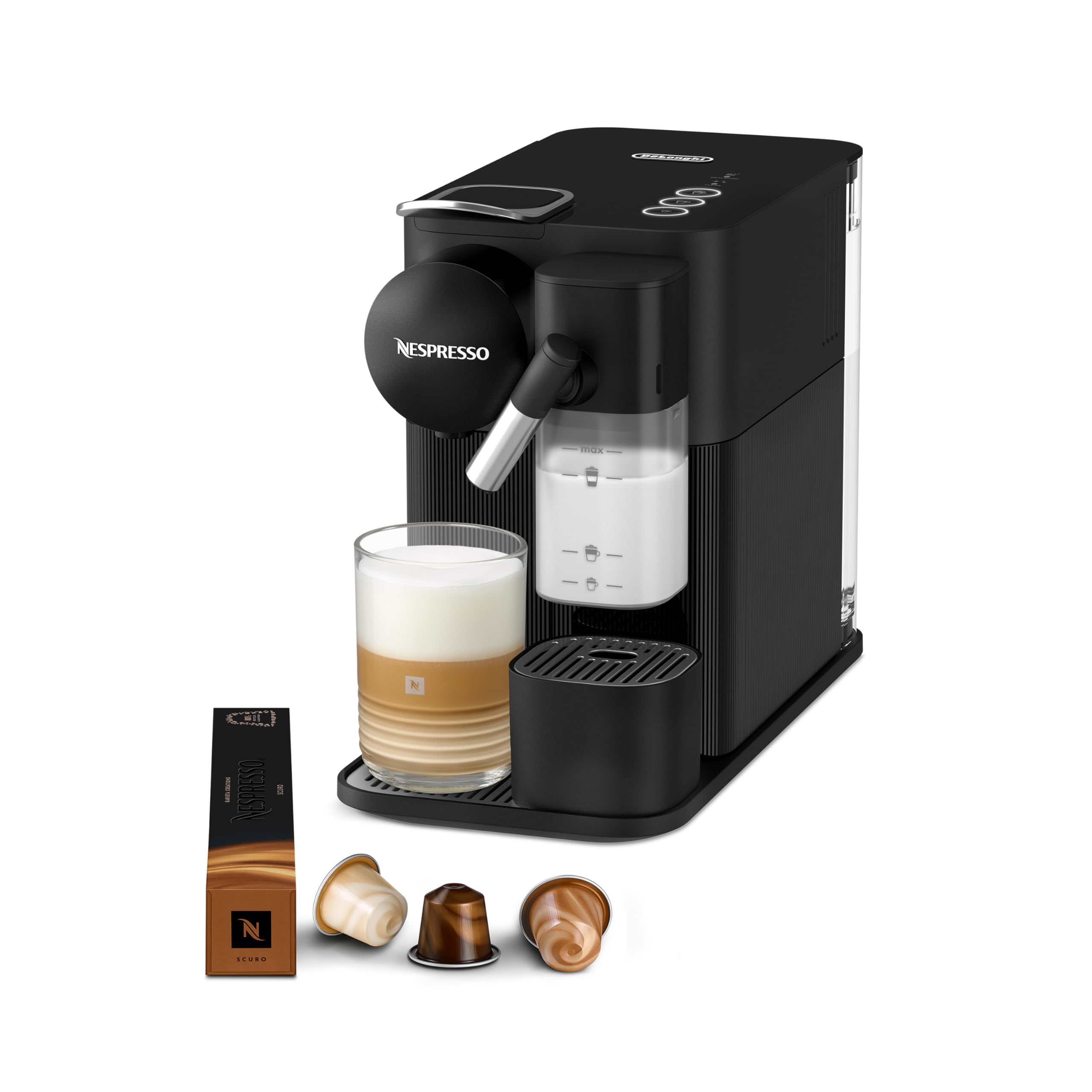 Kaffira - Lattissima One Schwarzi Kaffeemaschine, 19 Bar + Willkommenskit, kompakts Design, Espresso, Lungo und Milchrezept, Automatischi Abschaltig, Schwarz